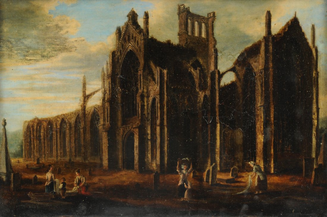 after JOHN VARLEY THE YOUNGER (British 1850-1933) A: after JOHN VARLEY THE YOUNGER (British 1850-1933) A PAINTING, "Melrose Abbey, Scotland," oil on canvas. 13" x 19 1/2"