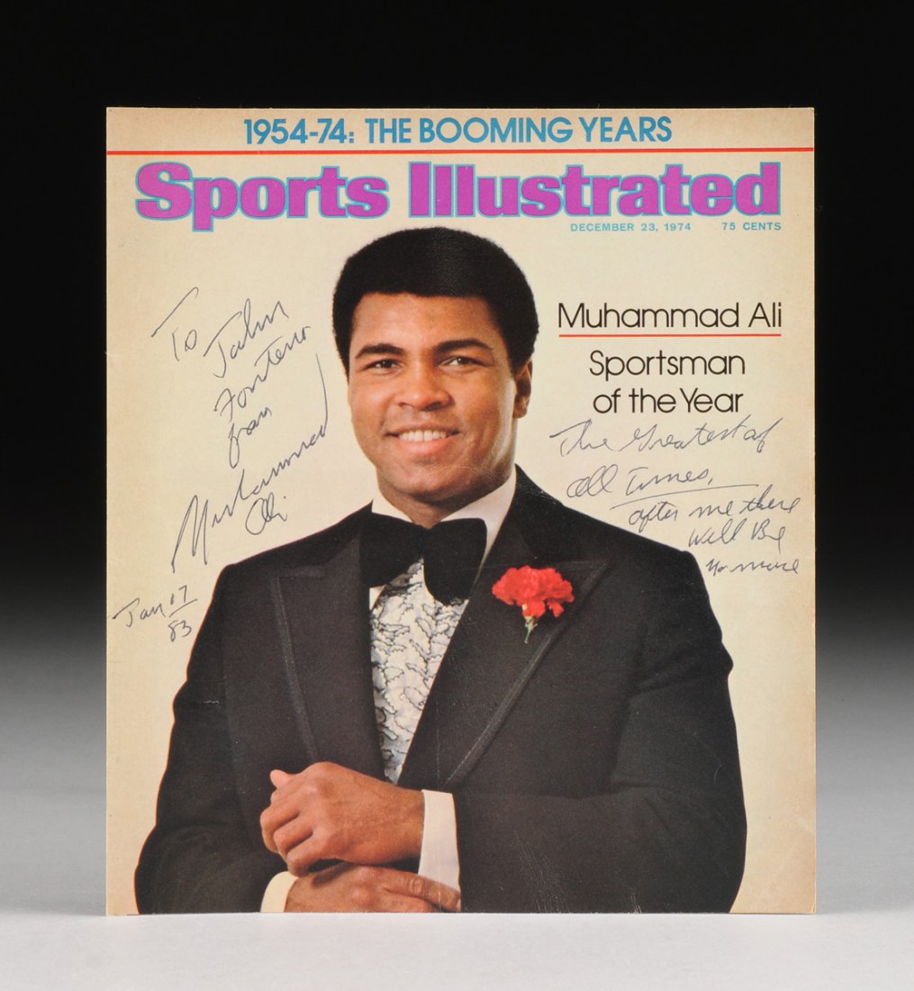A MUHAMMAD ALI AUTOGRAPHED AND INSCRIBED COVER FROM: A MUHAMMAD ALI AUTOGRAPHED AND INSCRIBED COVER FROM SPORTS ILLUSTRATED, the cover from Sports Illustrated, December 23, 1974, announcing Ali's receipt of the magazines Sportsman of the Year award, ins