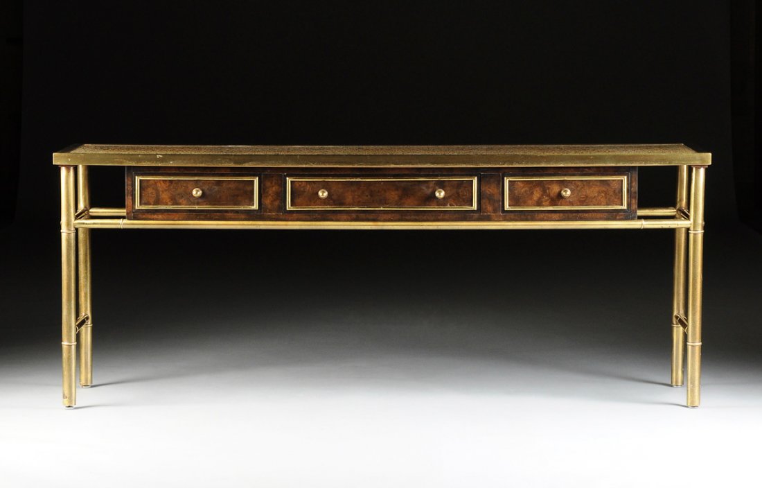 A CONTEMPORARY AMERICAN BRASS AND BURLED WALNUT CONSOLE (1 of 9)