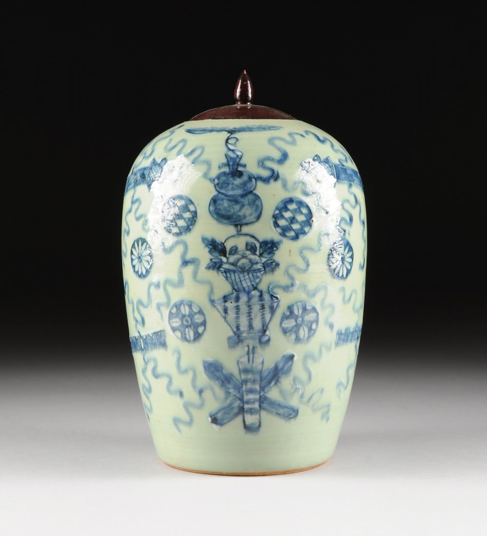 A CHINESE BLUE AND WHITE ENAMELED CELADON GROUND LIDDED (1 of 10)
