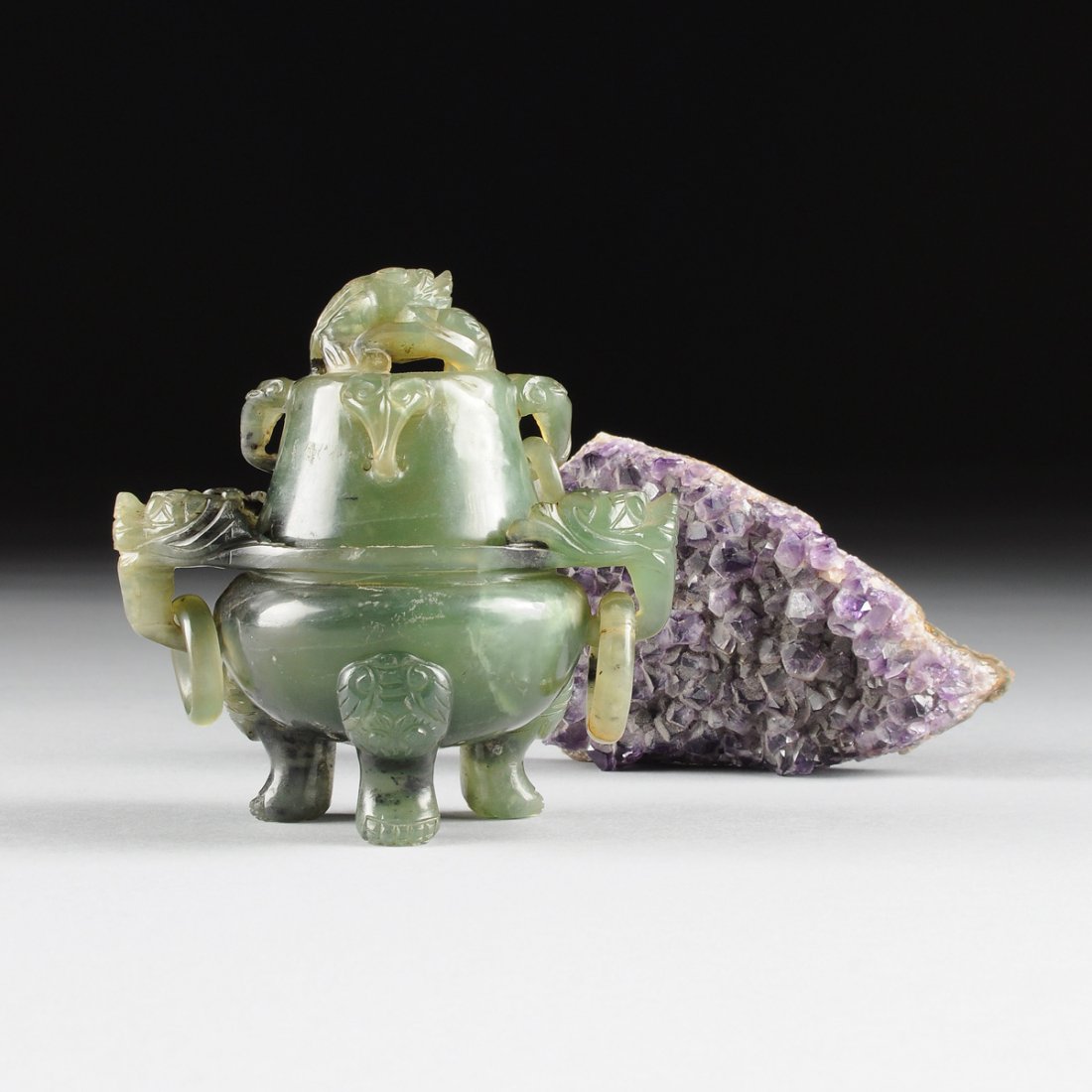 A CHINESE CARVED SPINACH JADE LIDDED CENSER, TOGETHER (1 of 10)
