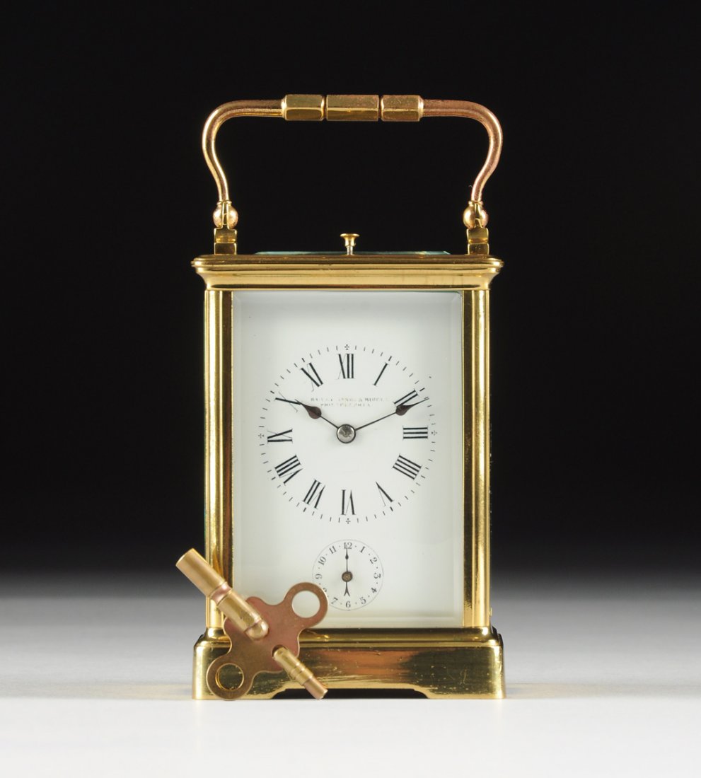 AN ANTIQUE FRENCH POLISHED BRASS CARRIAGE CLOCK, (1 of 6)