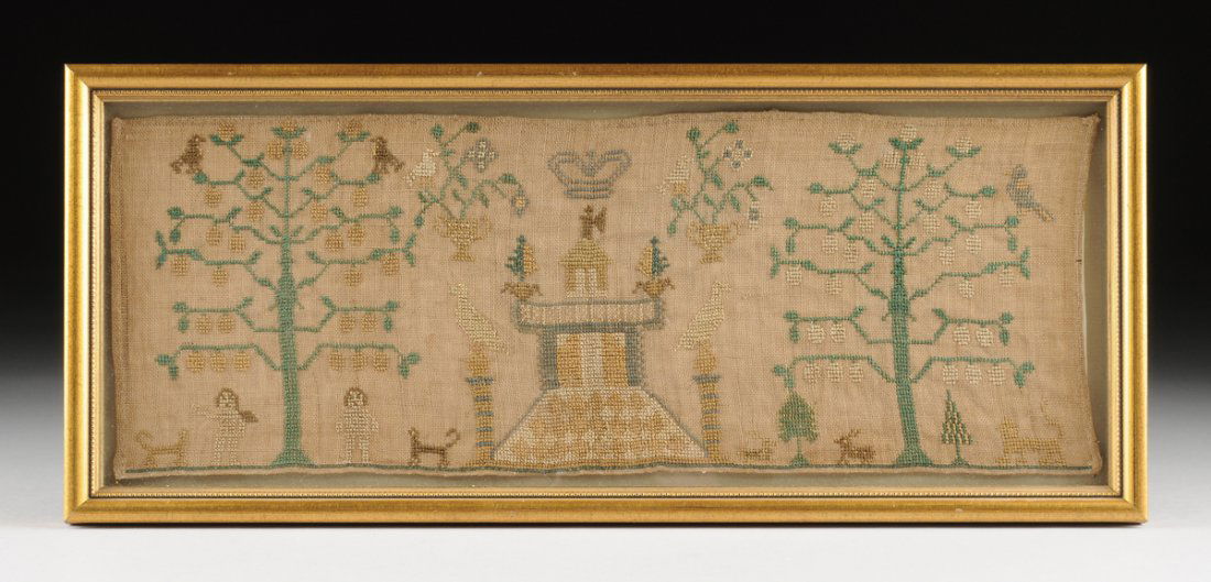 AN AMERICAN POLYCHROME NEEDLEWORK ON LINEN SAMPLER, (1 of 6)