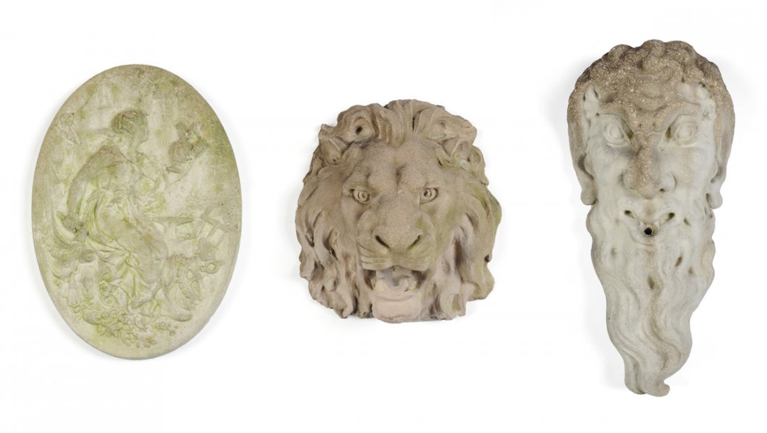 A GROUP OF THREE CAST CEMENT GARDEN WALL PLAQUES, LATE (1 of 10)