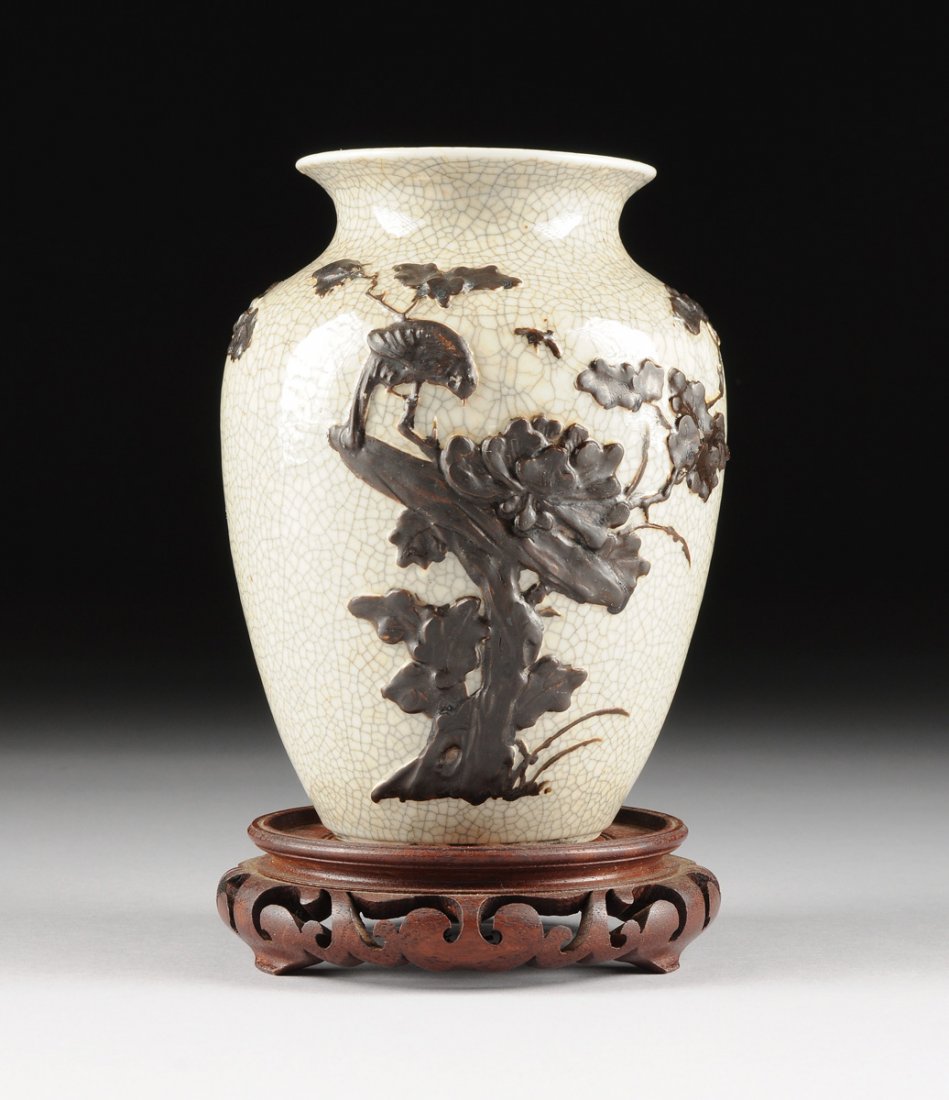 A CHINESE BROWN DECORATED CRACKLE BUFF GLAZED VASE, (1 of 10)