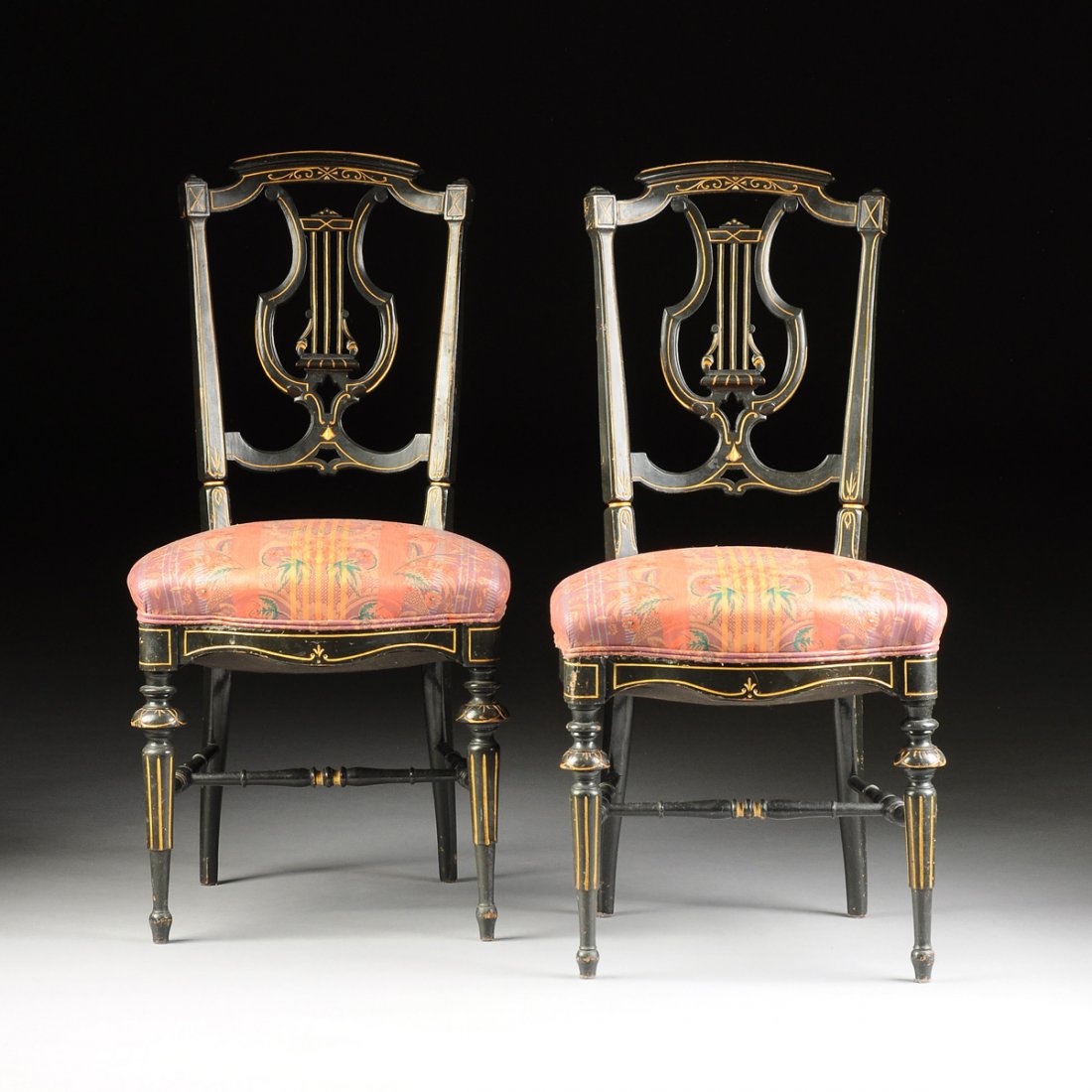 A PAIR OF VICTORIAN PARCEL GILT AND EBONIZED WOOD SIDE (1 of 8)