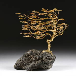 CURTIS JERE (AMERICAN 20TH CENTURY) A CONTEMPORARY: CURTIS JERE (AMERICAN 20TH CENTURY) A CONTEMPORARY BRASS AND PUMICE STONE TREE SCULPTURE, signed in the brass. Height: 14"