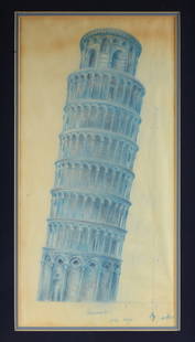 ARCHITECTURAL RENDERING OF TOWER OF PISA, ITALY, EARLY: ARCHITECTURAL RENDERING OF TOWER OF PISA, ITALY, EARLY 20TH CENTURY, pen and crayon on paper. 21" x 10 1/2"