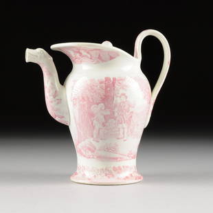 A SCHRAMBERG PINK TRANSFER PRINTED CERAMIC LIDDED TEA: A SCHRAMBERG PINK TRANSFER PRINTED CERAMIC LIDDED TEA POT, IMPRESSED "SCHRAMBERG 2," 19TH CENTURY, the shaped baluster form body flanked by a loop handle opposite an "S" form animal head molded spout,