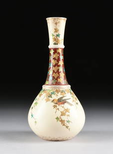 A VICTORIAN PARCEL GILT AND POLYCHROME PAINTED CERAMIC: A VICTORIAN PARCEL GILT AND POLYCHROME PAINTED CERAMIC VASE, OVERGLAZE MARKS, IMPRESSED NUMBERS, THIRD QUARTER 19TH CENTURY, of bottle form with a flaring circular two sectioned neck centering a