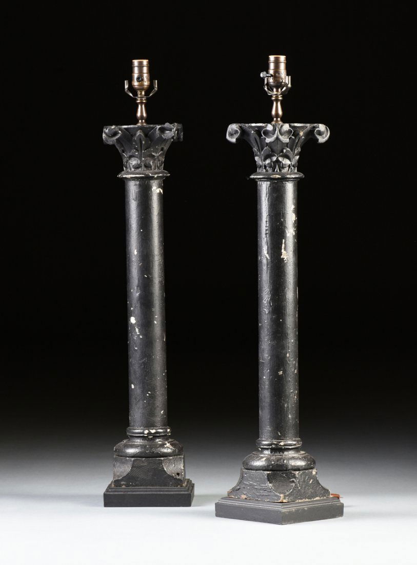 A PAIR OF ROMANESQUE REVIVAL BLACK PAINTED CARVED WOOD (1 of 5)