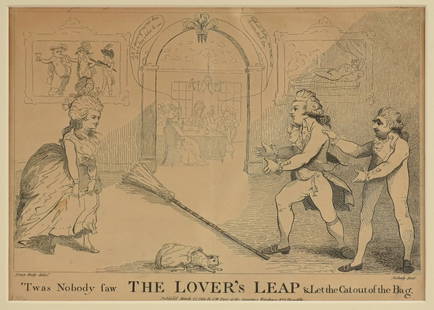 A LITHOGRAPH, "The Lovers Leap," PUBLISHED BY S. W.: A LITHOGRAPH, "The Lovers Leap," PUBLISHED BY S. W. FORES LONDON, (18th/19th Century), inscription on bottom reads, "'Twas Nobody faw THE LOVER's LEAP & Let the Cat out of the Bag/ Every Body delint.