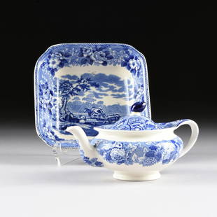 TWO ENGLISH CERAMIC WARES,: TWO ENGLISH CERAMIC WARES, comprising a lidded blue and white transfer teapot, with a flaring flat rim flanked by a serpentine form spout opposite and flat edged handle, with transfer print mark to