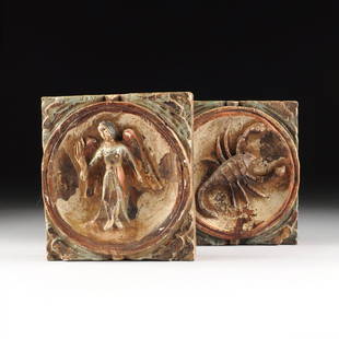 TWO SPANISH POLYCHROME PAINTED CARVED WOOD PLAQUES,: TWO SPANISH POLYCHROME PAINTED CARVED WOOD PLAQUES, 20TH CENTURY, one depicting an angel and one a lobster, each in relief within a circular border on a rectangular body. Height: 9 3/4" Width: 8 7/8"