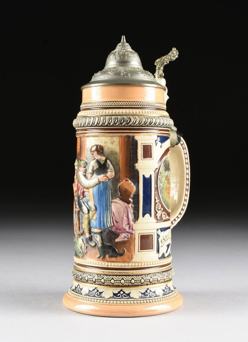 A GERMAN POLYCHROME DECORATED ONE LITER STEIN, (1 of 10)