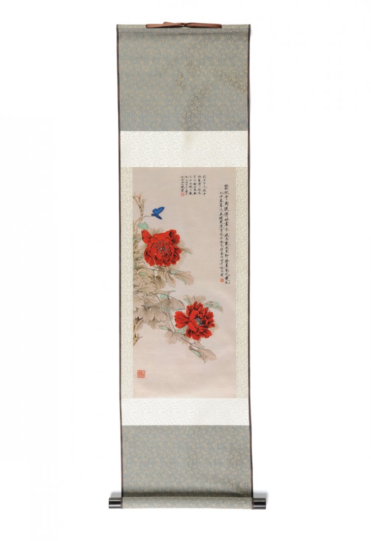 A SMALL CHINESE SILK SCROLL OF RED PEONIES AND BLUE (1 of 6)