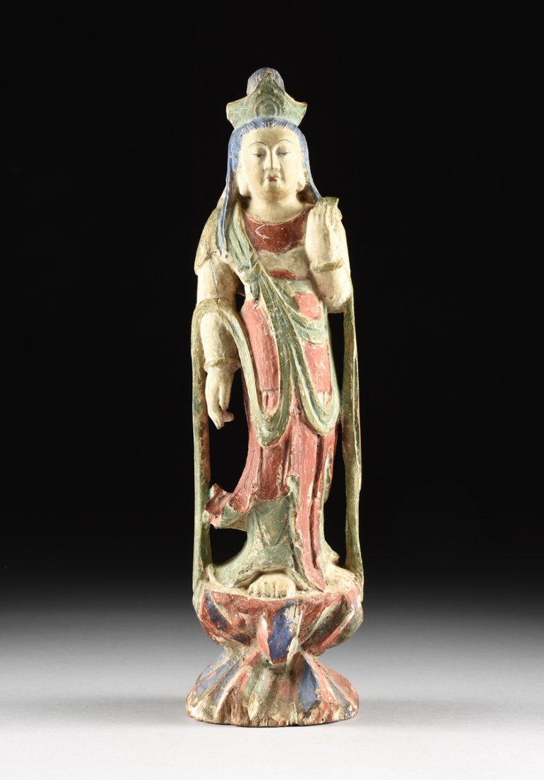 A CHINESE POLYCHROME PAINTED WOOD FIGURE OF GUANYIN, (1 of 10)