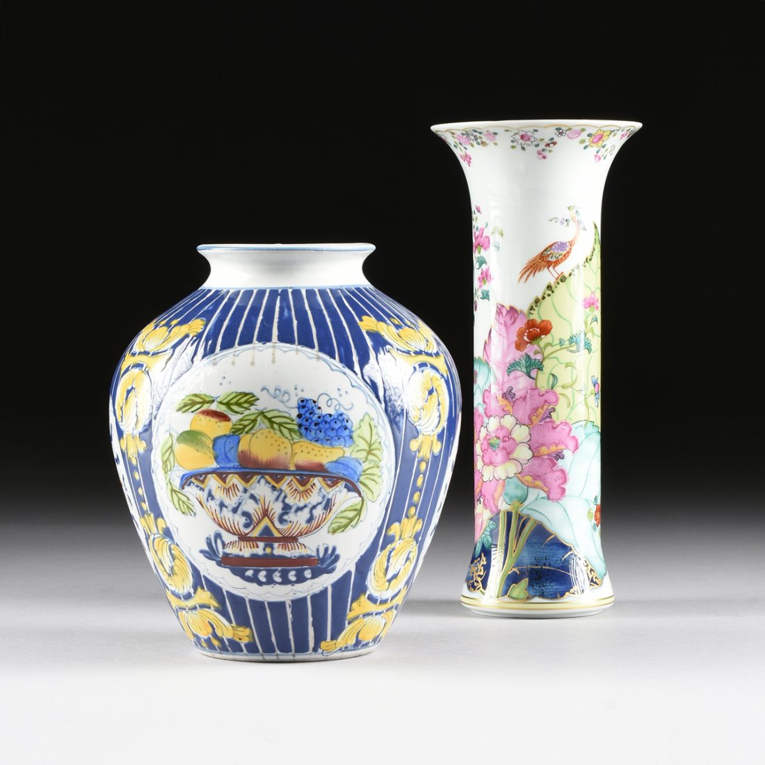 TWO CONTINENTAL POLYCHROME ENAMELED PORCELAIN VASES, (1 of 10)