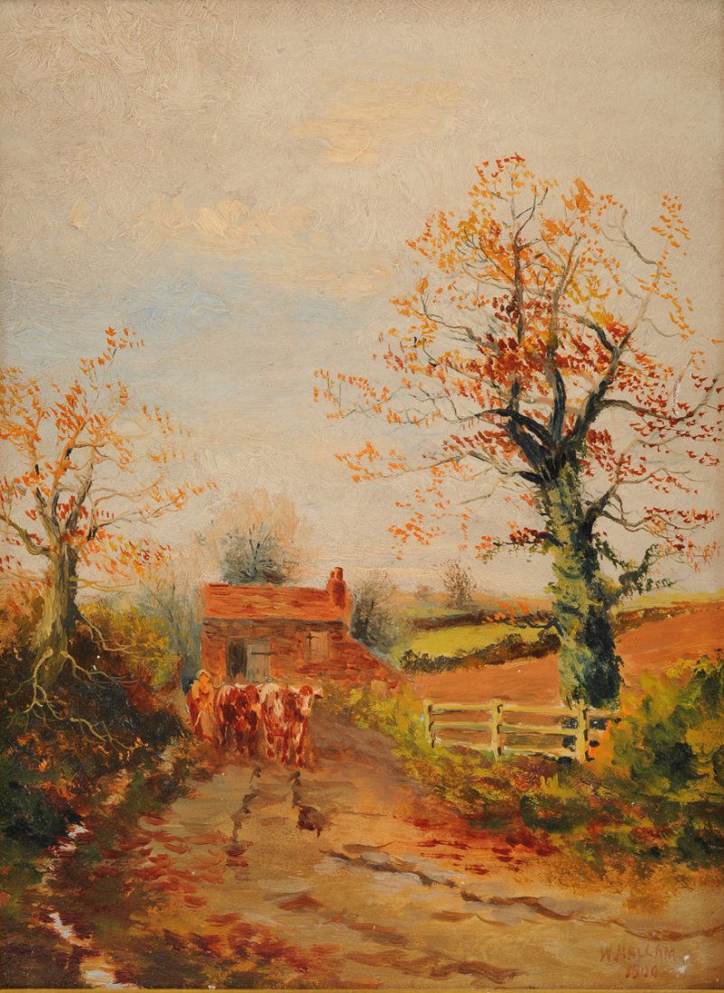 W. HALLAM (British 19th Century) A PAINTING, "Herding: W. HALLAM (British 19th Century) A PAINTING, "Herding the Cows," 1900, oil on panel, signed and dated L/R. 12" x 9" Provenance: Estate of the Late James K. Schooler, Esq.
