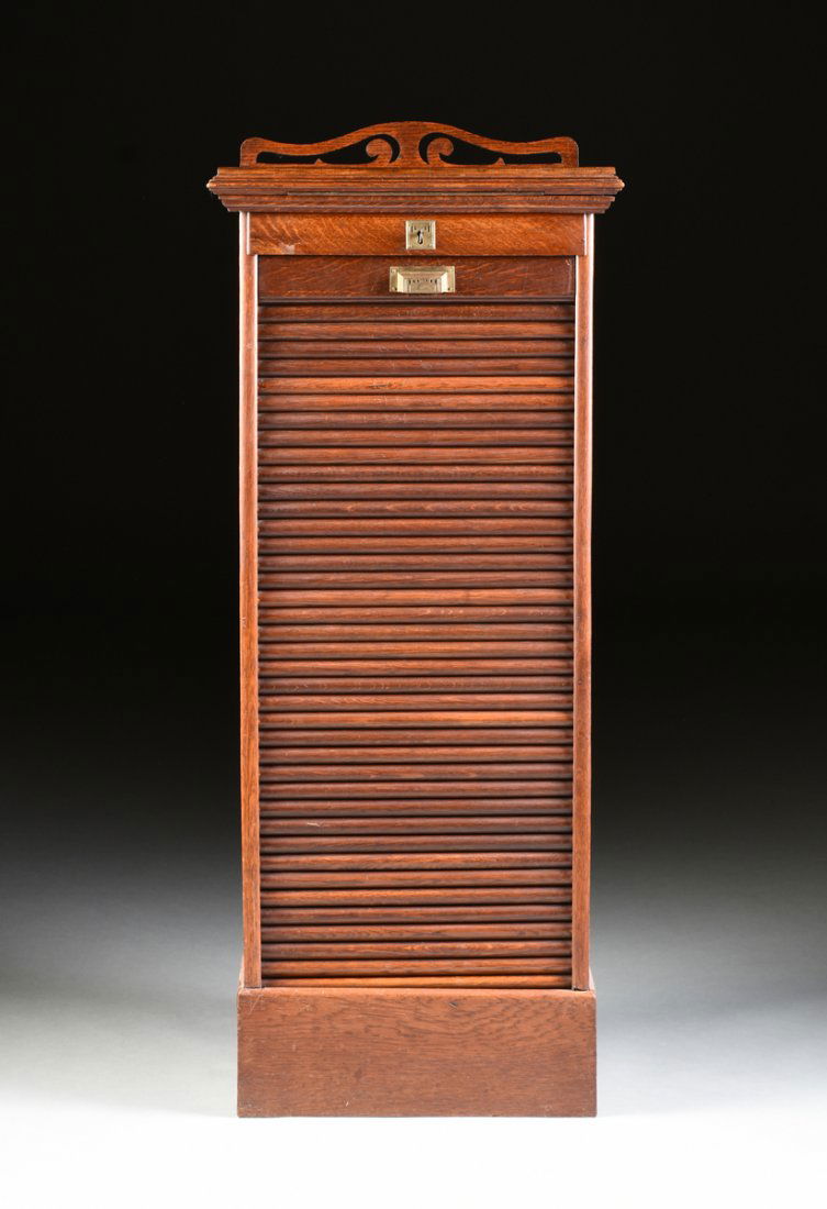 A TAMBOUR DROP FRONT OAK FILING CABINET, 20TH CENTURY, (1 of 8)