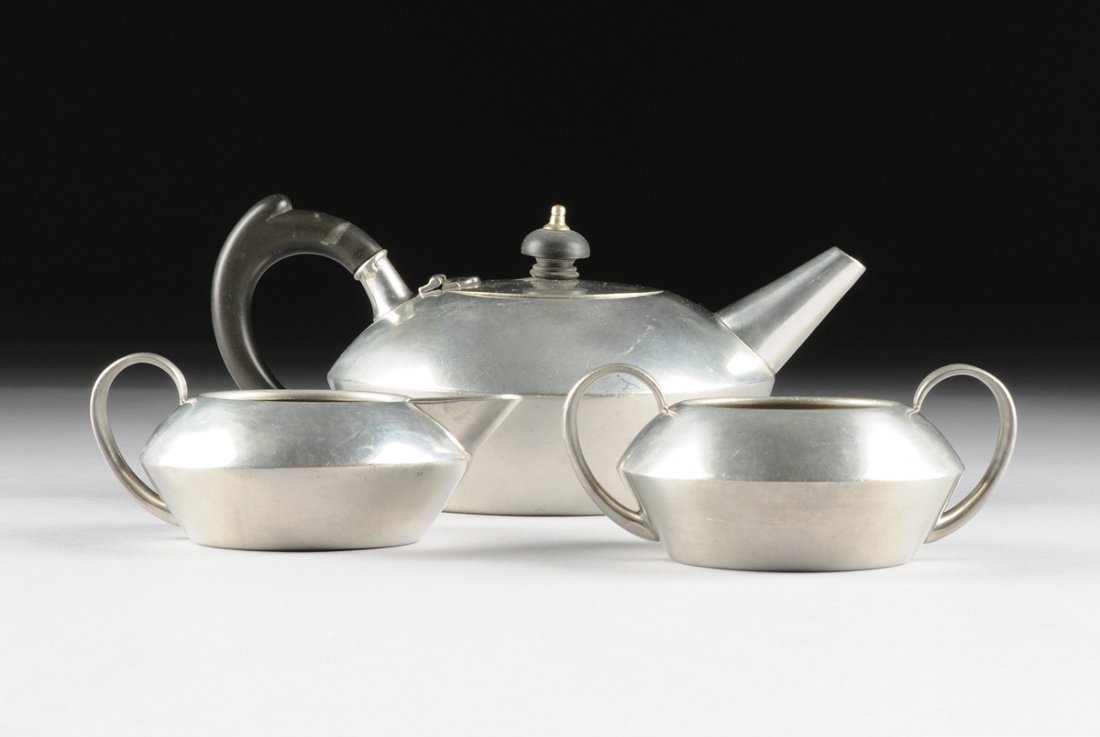 A THREE PIECE VINTAGE ENGLISH PEWTER TEA SET, BY (1 of 10)