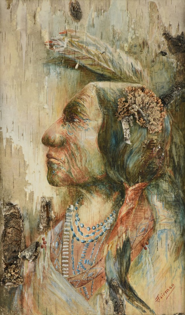 FAIRMAN (American 20th Century) A PAINTING, "Chief,": FAIRMAN (American 20th Century) A PAINTING, "Chief," mixed media on birch bark, signed L/R. 15" x 8 1/2"