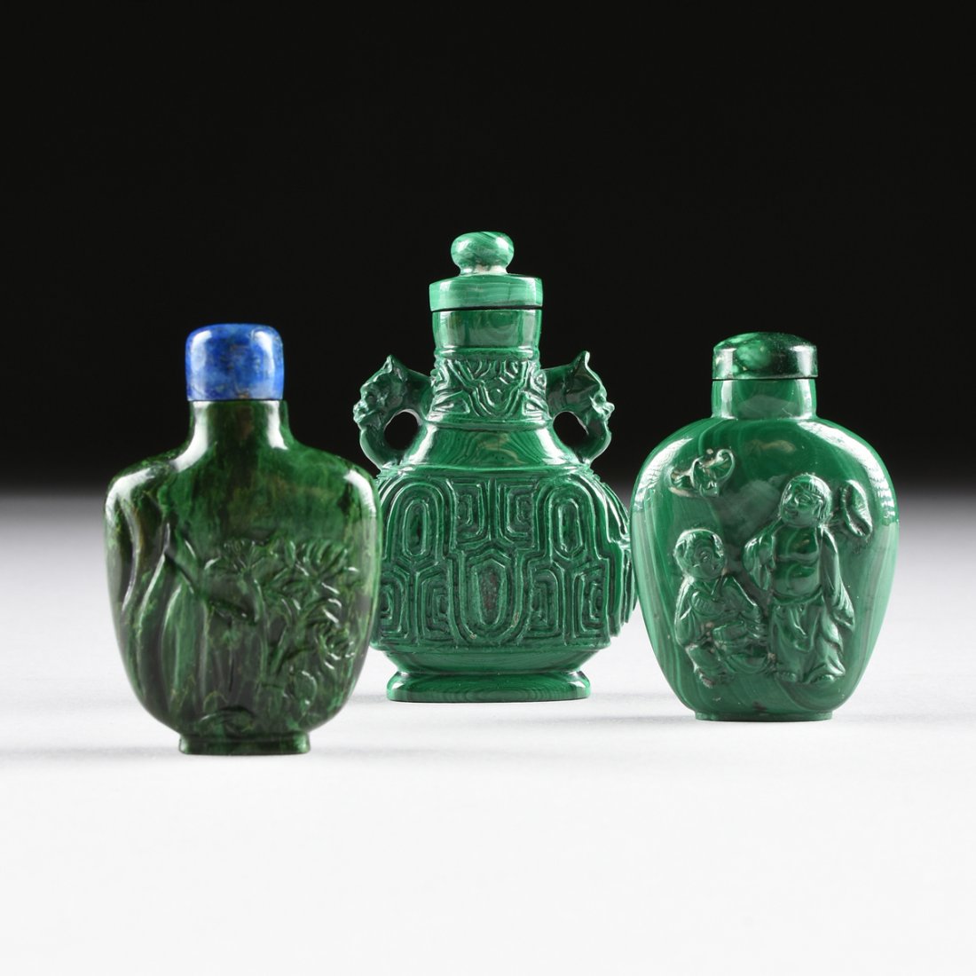 A GROUP OF THREE CHINESE CARVED MALACHITE SNUFF (1 of 10)