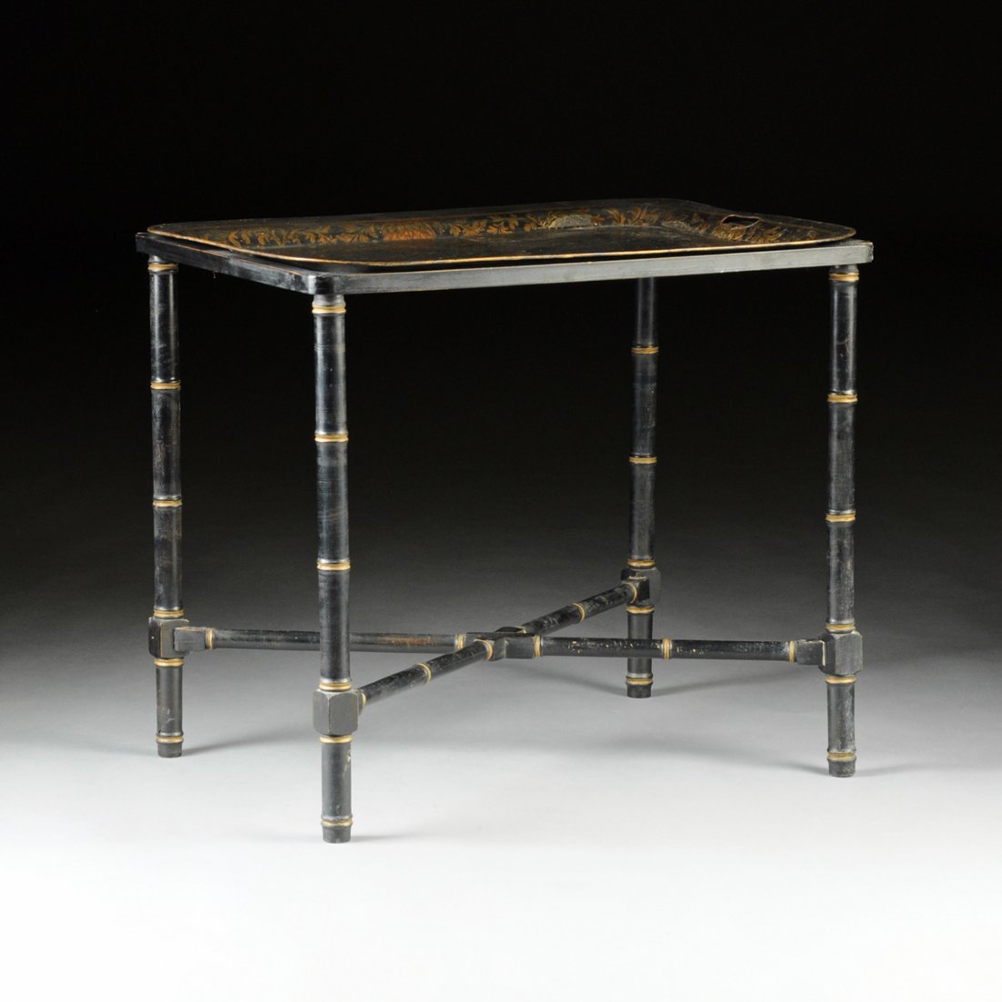 A NEAR PAIR OF LARGE VICTORIAN POLYCHROME TÔLE TRAYS ON (1 of 10)