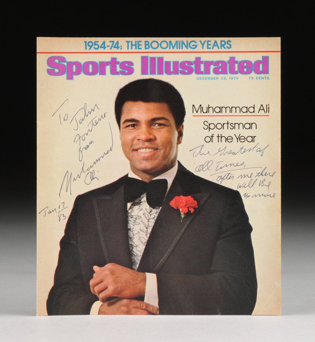 A MUHAMMAD ALI AUTOGRAPHED AND INSCRIBED COVER FROM: A MUHAMMAD ALI AUTOGRAPHED AND INSCRIBED COVER FROM SPORTS ILLUSTRATED, the cover from Sports Illustrated, December 23, 1974, announcing Ali's receipt of the magazines Sportsman of the Year award, ins