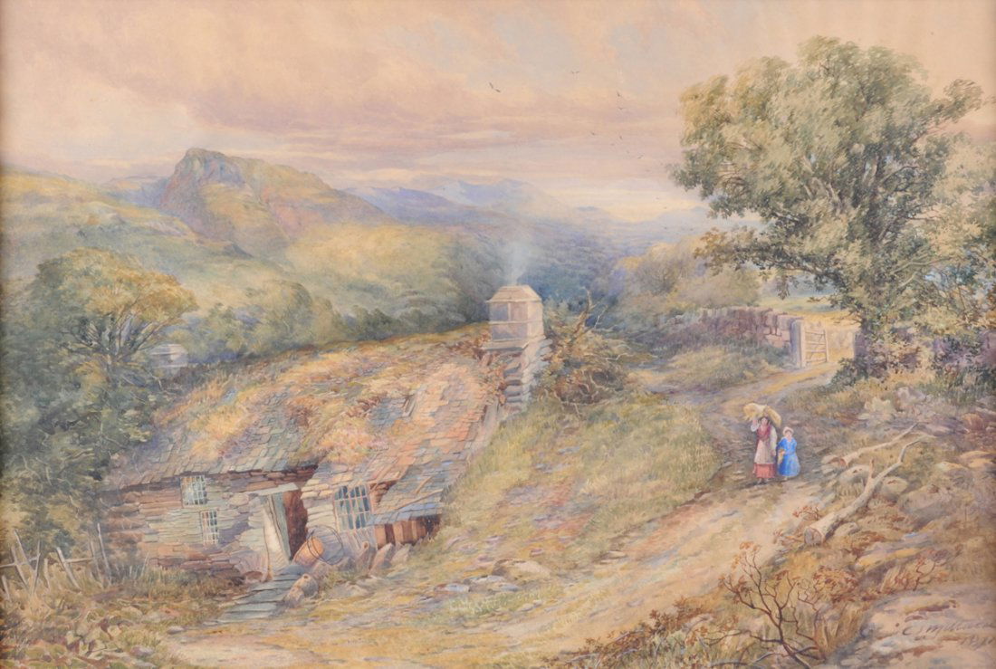 CHARLES STUART MILLARD, R.A. (Canadian 1827-1917) A: CHARLES STUART MILLARD, R.A. (Canadian 1827-1917) A PAINTING, "Cottage in the Hills," watercolor on paper, signed and dated 1871 L/R. 19" x 28 1/2".