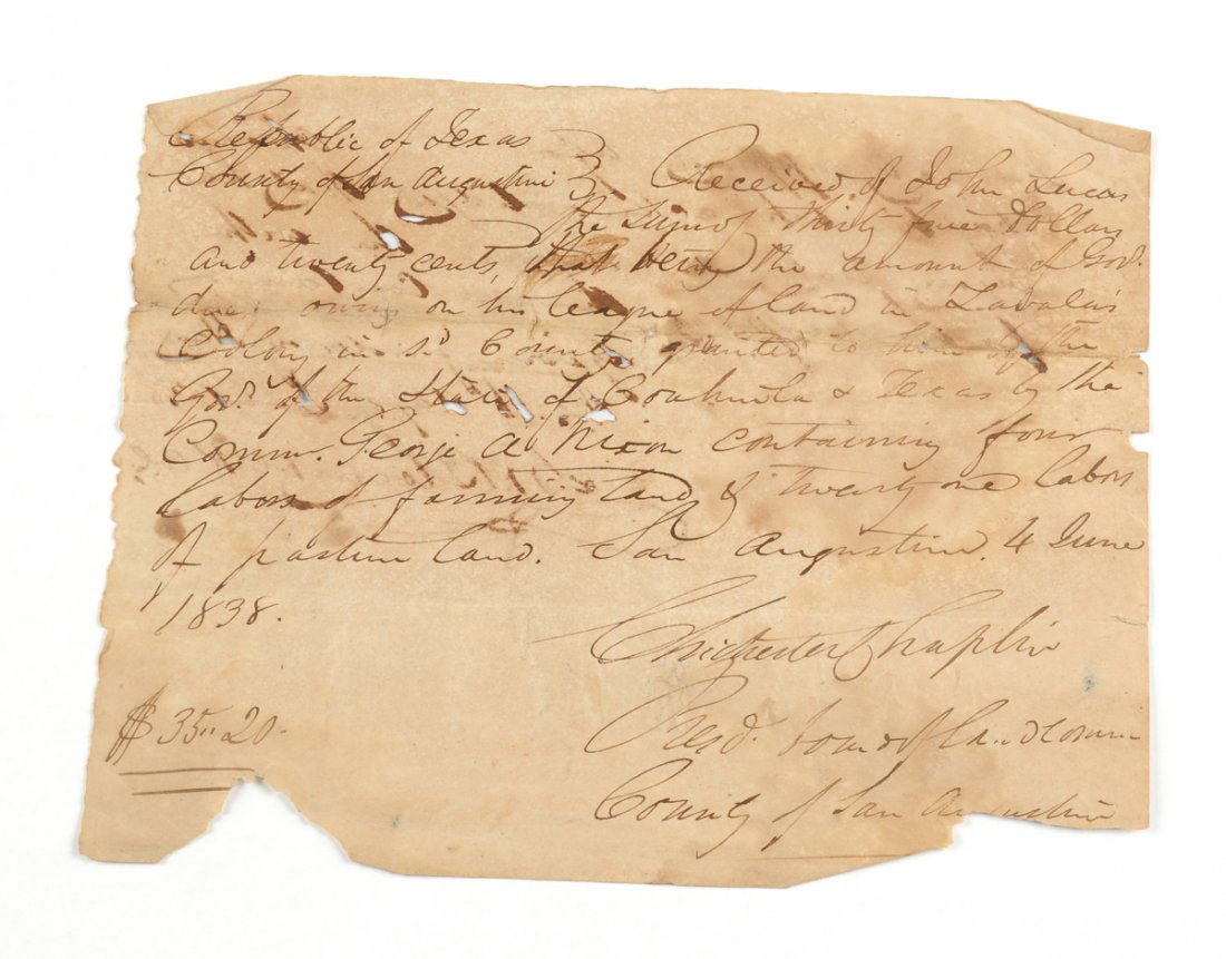 A REPUBLIC OF TEXAS RECEIPT FOR LEAGUE OF LAND IN (1 of 4)