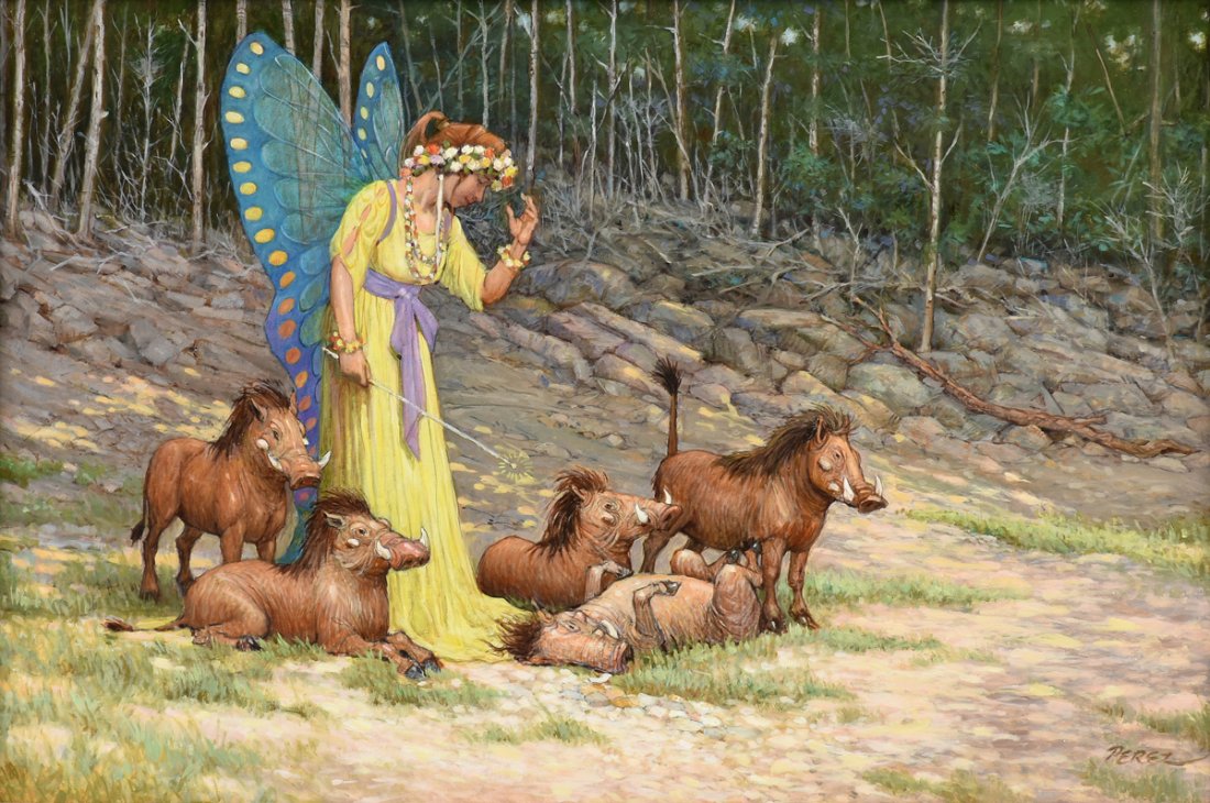 JOSE PEREZ (American/Texas b. 1929) A PAINTING, "Beauty: JOSE PEREZ (American/Texas b. 1929) A PAINTING, "Beauty is on the Eyes of the Beholder," oil on panel, signed L/R. 24" x 36"