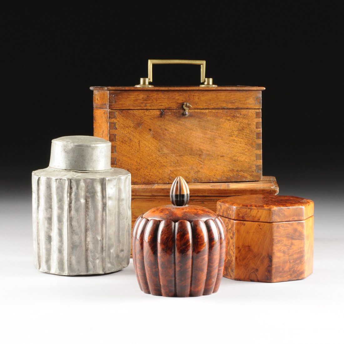 A MISCELLANEOUS GROUP OF FIVE TEA CADDIES AND BOXES, (1 of 10)