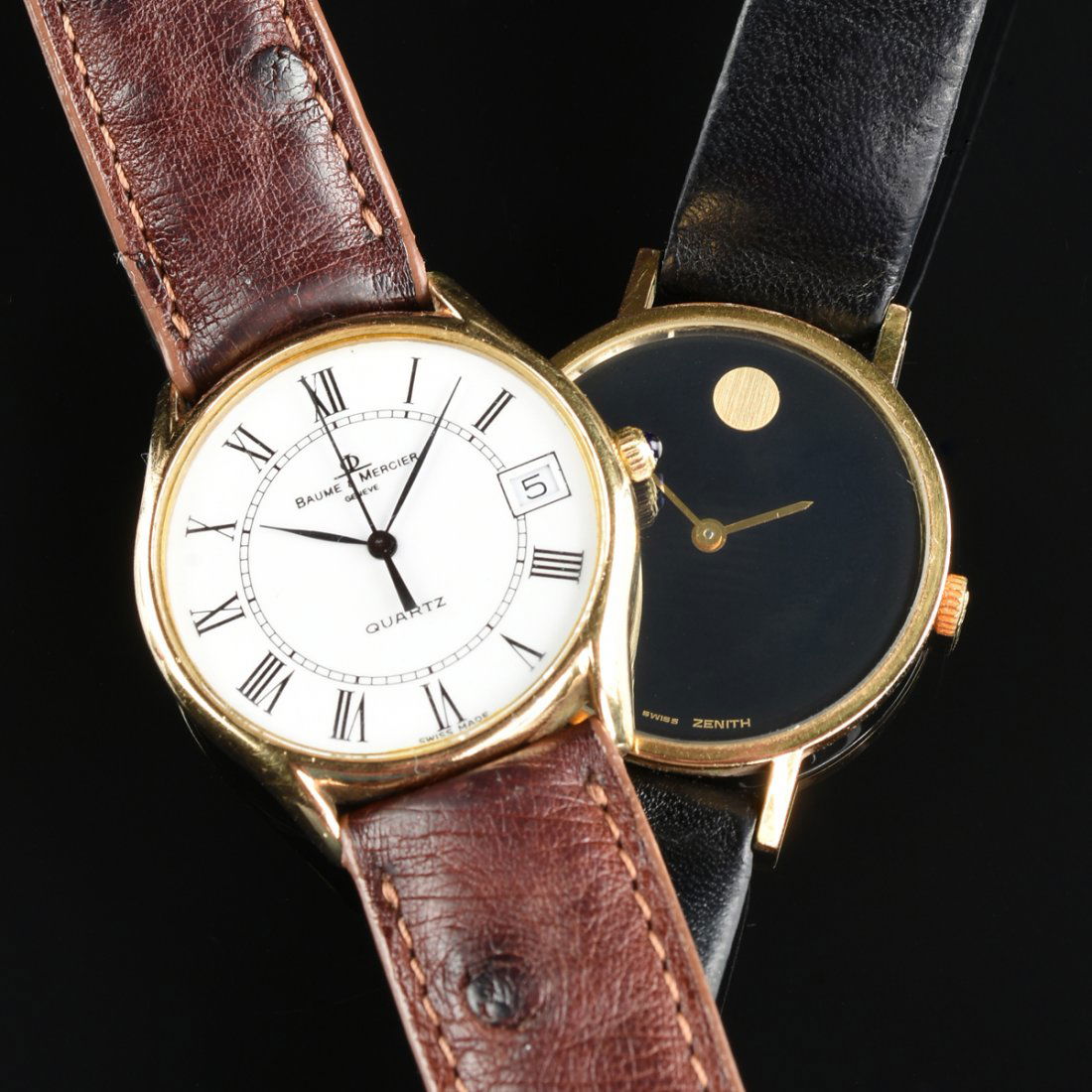 A 14K YELLOW GOLD BAUME & MERCIER AND A PLATED MOVADO: A 14K YELLOW GOLD BAUME & MERCIER AND A PLATED MOVADO GENT'S WATCHES, Baume & Mercier is reference #95139. The Movado watch is a museum dial model with stainless back.