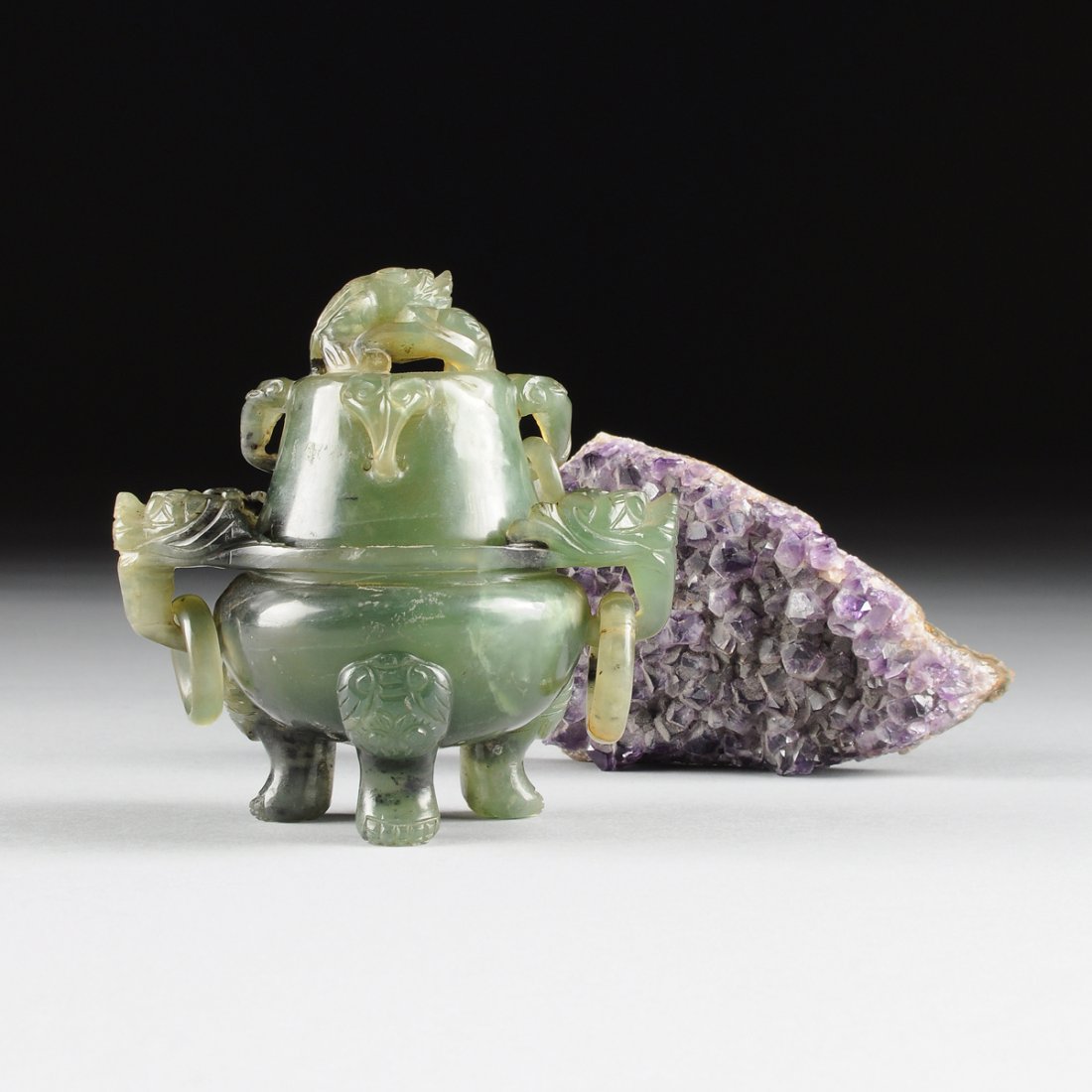 A CHINESE CARVED SPINACH JADE LIDDED CENSER, TOGETHER (1 of 10)