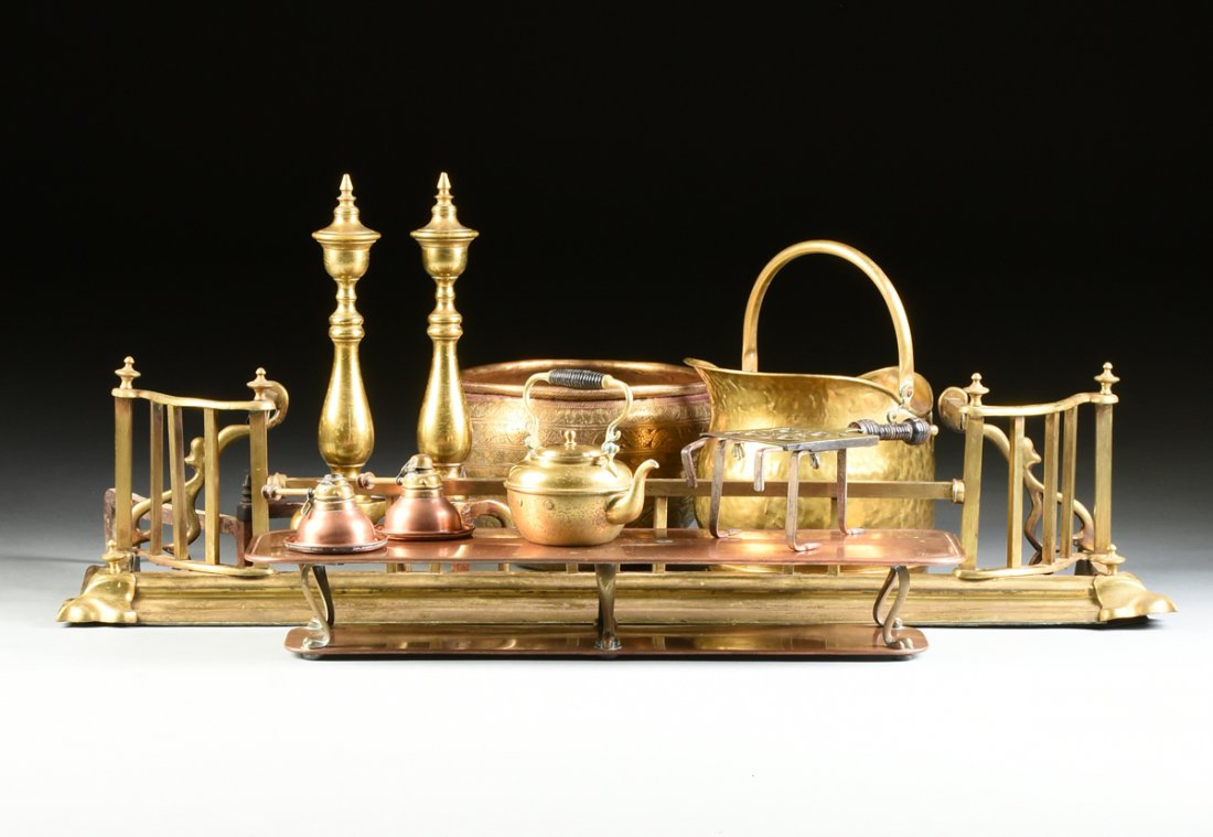 A FIRE PLACE FENDER AND OTHER RELATED ITEMS,: A FIRE PLACE FENDER AND OTHER RELATED ITEMS, fender, width: 47", depth 11 1/2"; andirons, height 19 1/2", width 19".