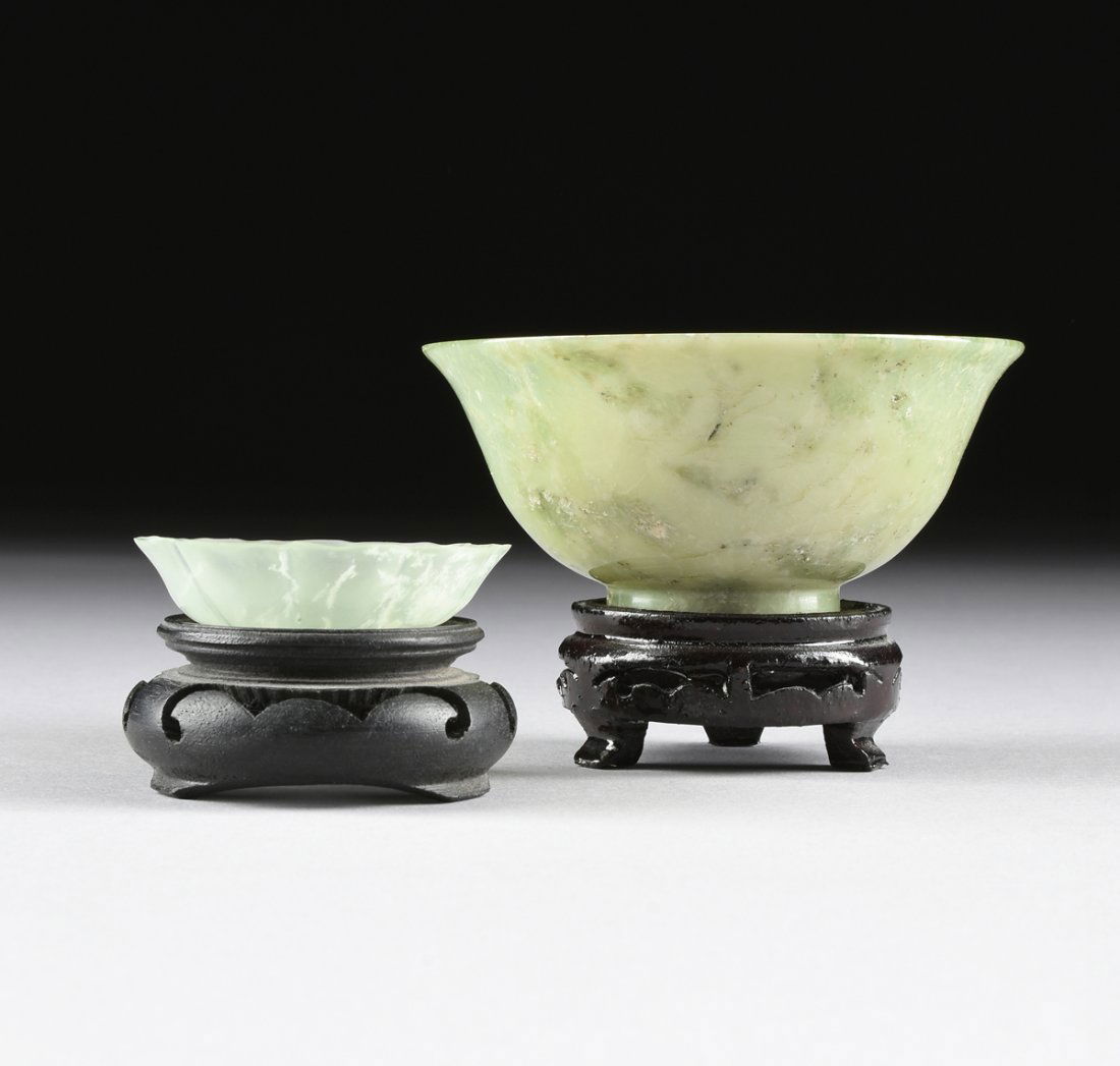 TWO CHINESE CARVED GREEN JADE BOWLS, MODERN, (1 of 7)