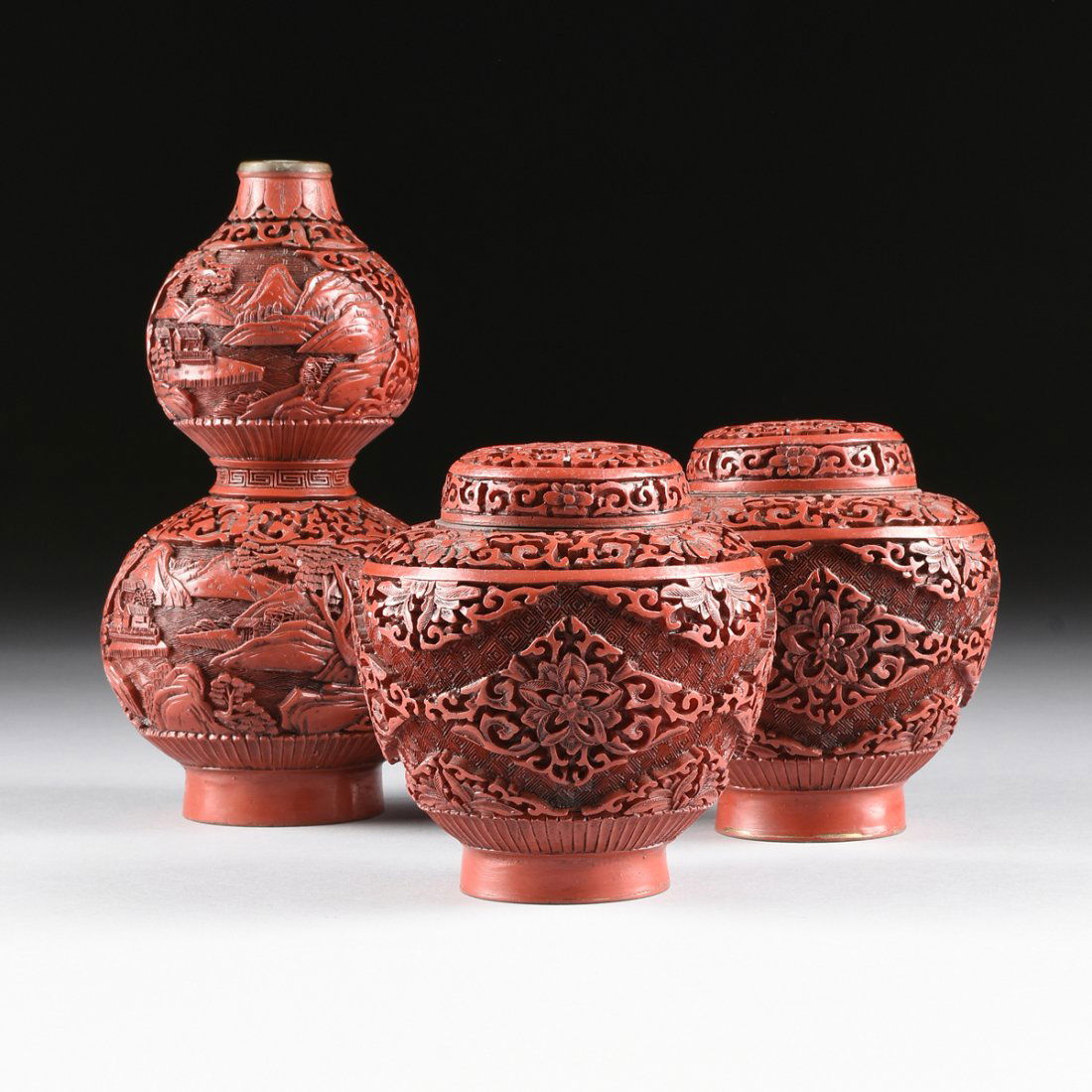 A GROUP OF THREE CHINESE CARVED CINNABAR LACQUER WARES, (1 of 10)