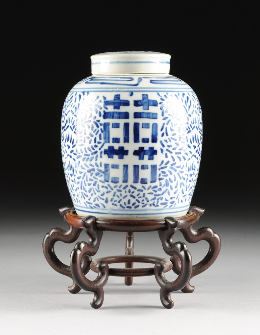 A CHINESE BLUE AND WHITE "DOUBLE HAPPINESS" GINGER JAR, (1 of 8)