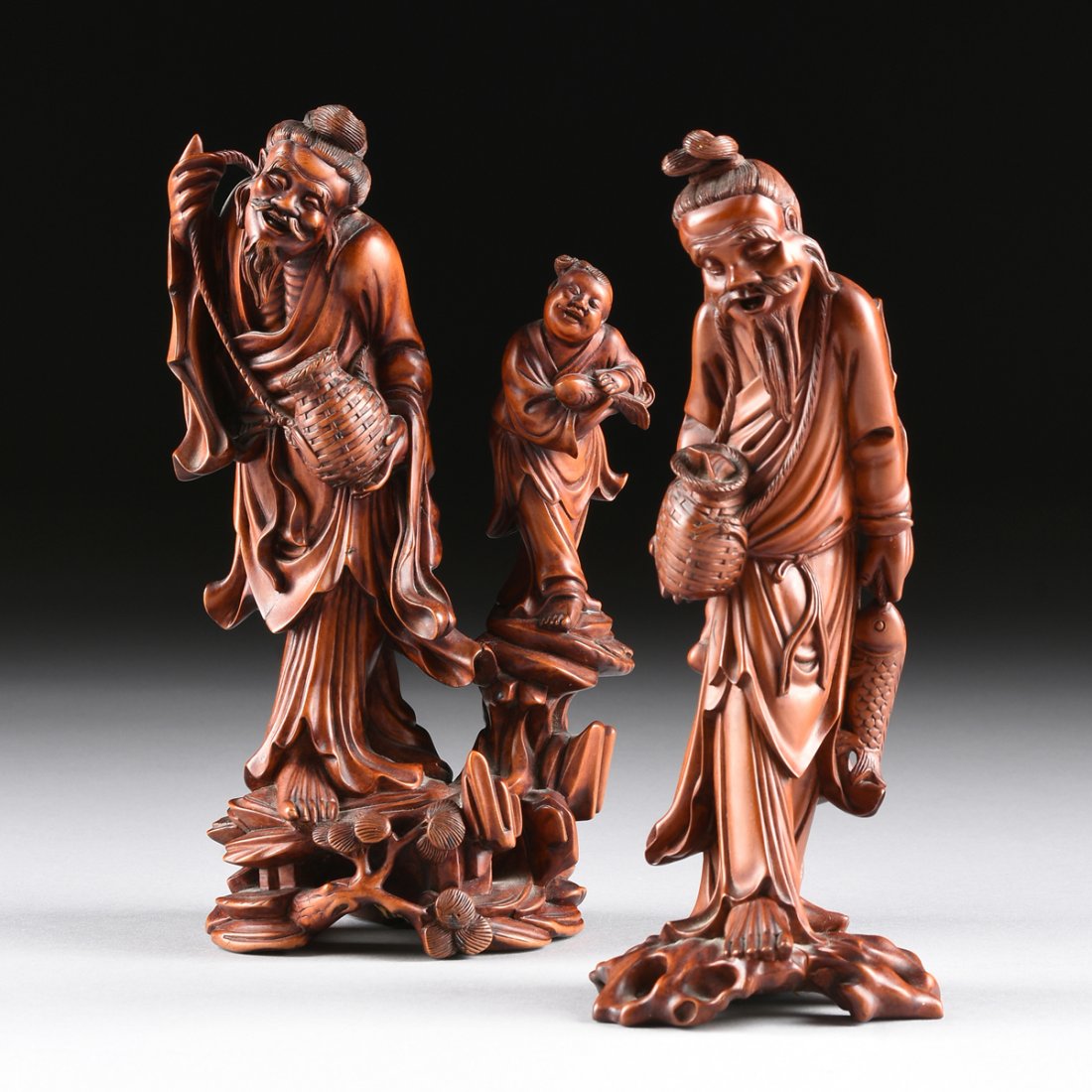 TWO CHINESE CARVED WOOD FIGURES OF BEARDED ELDER (1 of 10)