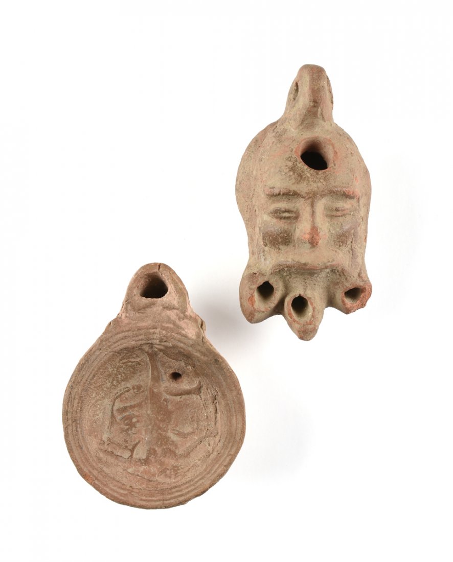 TWO GRAECO ROMAN POTTERY OIL LAMPS, (1 of 8)