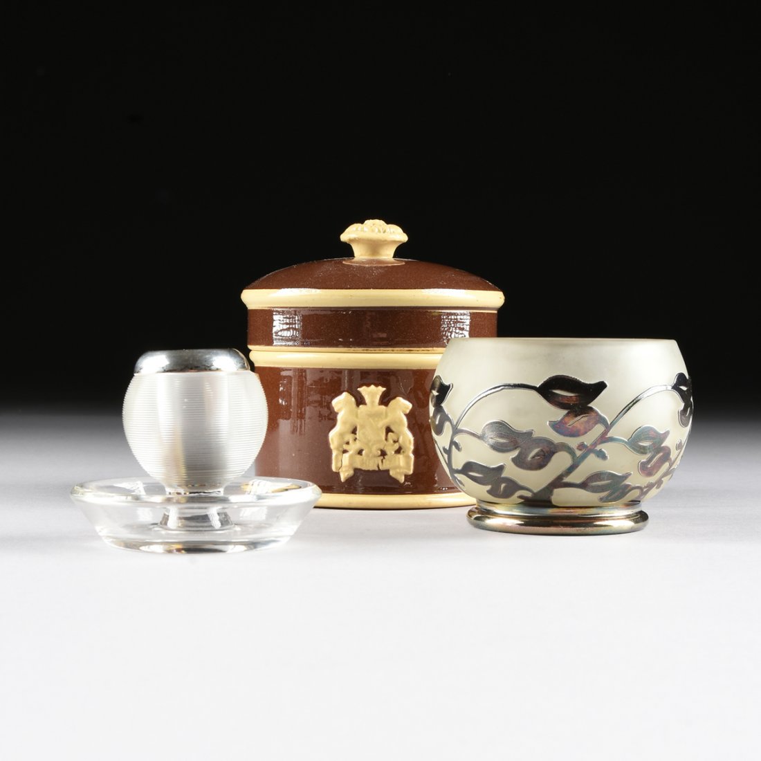 A GROUP OF TWO GLASS WARES AND A CERAMIC LIDDED JAR, (1 of 10)