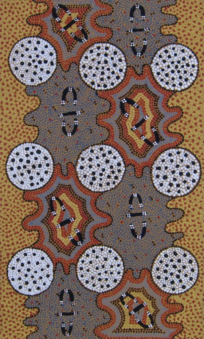 Aboriginal painting by Eileen N.: Eileen Nalanunga Gibson (Australian, 20th c.) Titled 'Desert Bone Hunting' this Aboriginal artist rendering of her tribe's men hunting efforts. Called a 'Dreaming'. Artist's name and artist's descript