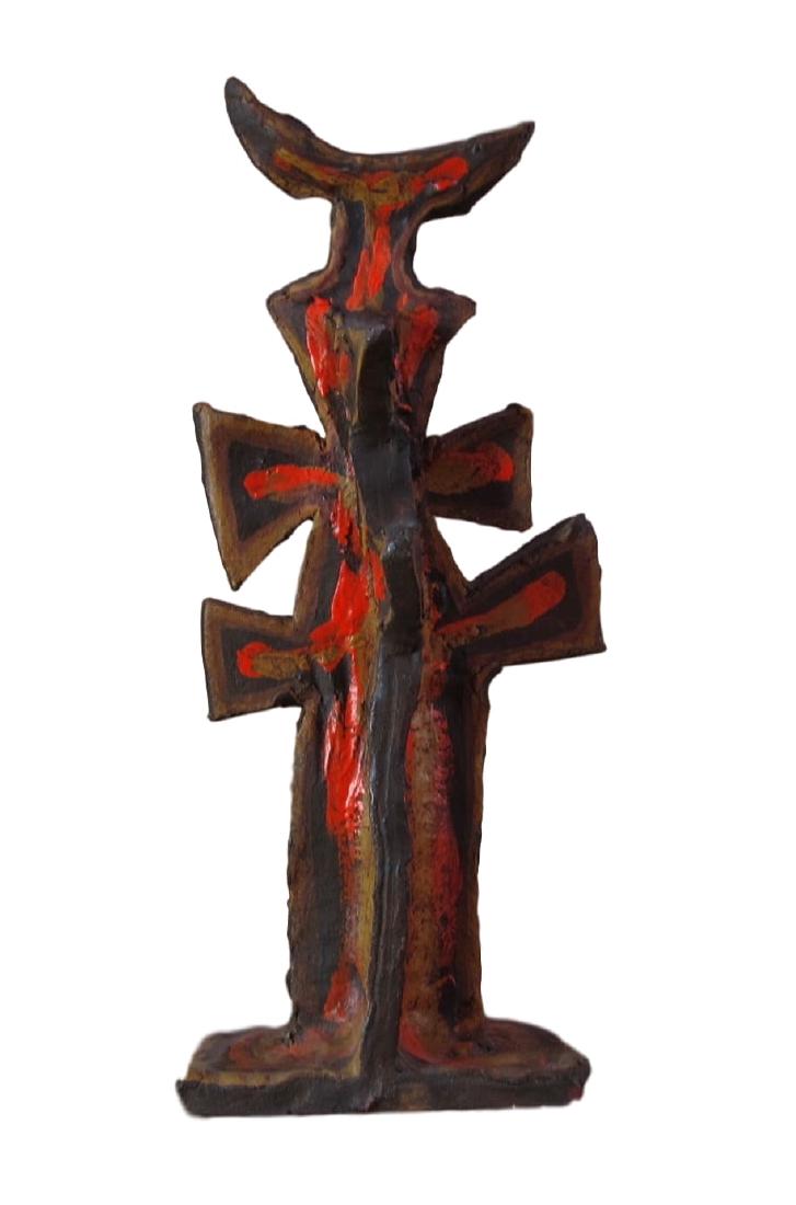 Ken Shores abstract sculpture: Kenneth Shores (American, 1928- ) Great mid-century abstract totem figure by Portland, OR artist Ken Shores. This work is painted ceramic totem form titled 'Peep #6' This sculpture was broken and prof