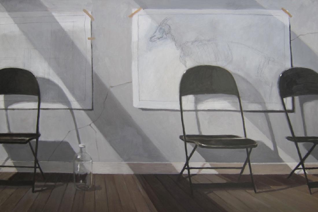 Norman Lundin painting: Norman Lundin (Washington/California/Norway 1938- ) American realist painting by Pacific Northwestern artist . Folding chairs in the artist's studio with sketch taped to wall. This work likely dates f