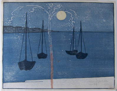 B.J.O. Nordfeldt, woodblock 'The Skyrocket': Bror Julius Olsson Nordfeldt  (Swedish/American, 1878-1955) Early American modernist woodcut by BJO Nordfeldt. This print is titled 'The Skyrocket' , and is signed a dated, 1906. Woodcut in colors 190