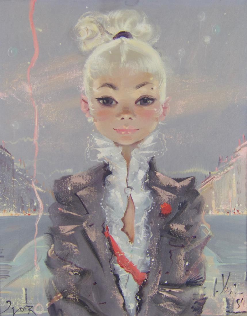 Igor Pantuhoff portrait of a young girl: Igor Pantuhoff (Russian/American, 1911-1972) Portrait of a young pigtailed girl by Igor Pantuhoff. Oil on canvas 1970s Measurements 19.75" x 15.75" sight size, and 28" x 24" x 3" overall inc