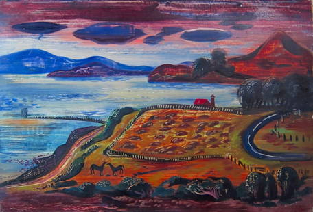 Erle Loran - 1940s Modernist Painting: Description: San Francisco Bay Area modernist painting. Media: Oil in masonite panel. Title: Untitled (Bay Area Farm Scene with San Francisco Bay in the Background). Date: 1945 Measurements:<