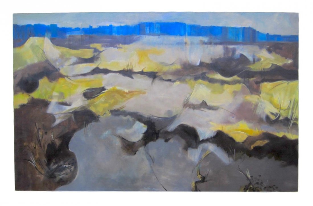 Robert Harvey - Large Abstract Oil Painting: Description: San Francisco Bay Area abstract painting Media: Oil on canvas. Title: 'Bolinas Lagoon' (near Stinson Beach). Date: c.1950s-60 Measurements: 44" x 70" x 1.5" Condit