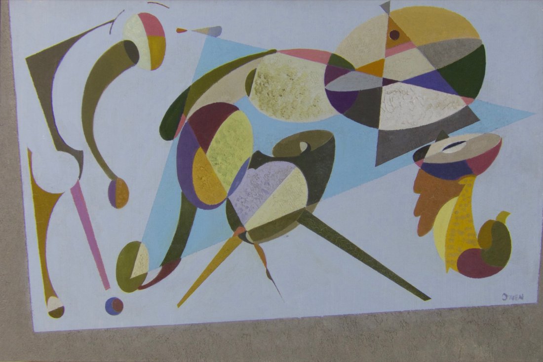 William Bishop Owen - Modernist Oil Painting: Description: Exceptional Modernist Oil Painting on Canvas Media: Oil on stretched canvas Title: 'Triumph of the Egg' Date: 1950s Measurements: 12.5" x 17.5" sight size, and 16" x 22" x 2